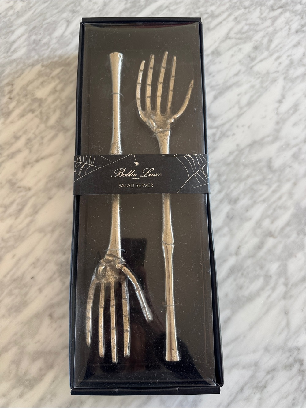 Bella Luxx silver metal skeleton hands salad servers. New, in box.